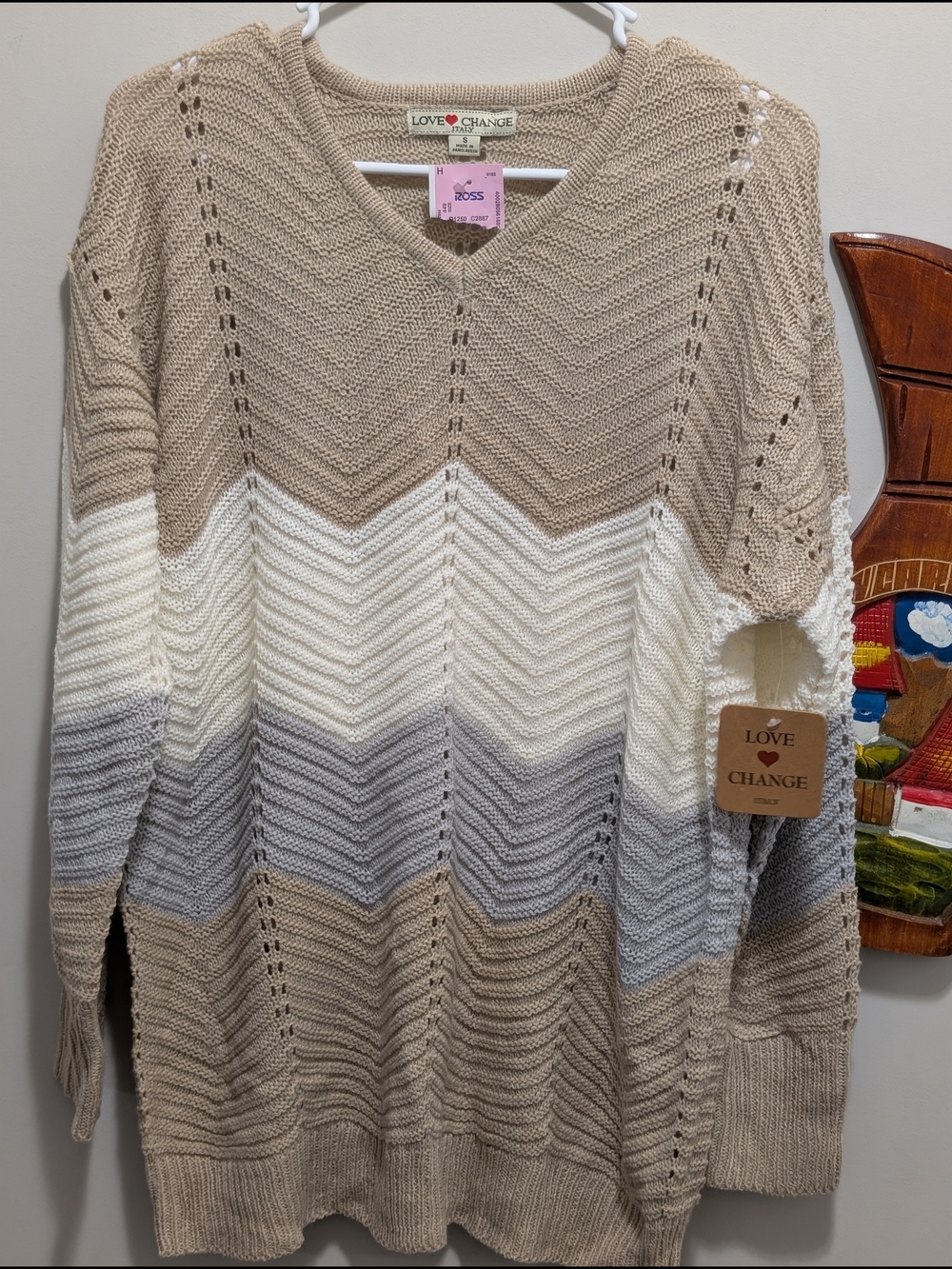 Love Change Women's V-Neck Chevron Knit Sweater in Beige, Cream & Gray
